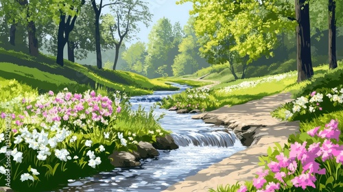 Serene Spring Stream: A Picturesque Path Through Blooming Meadows