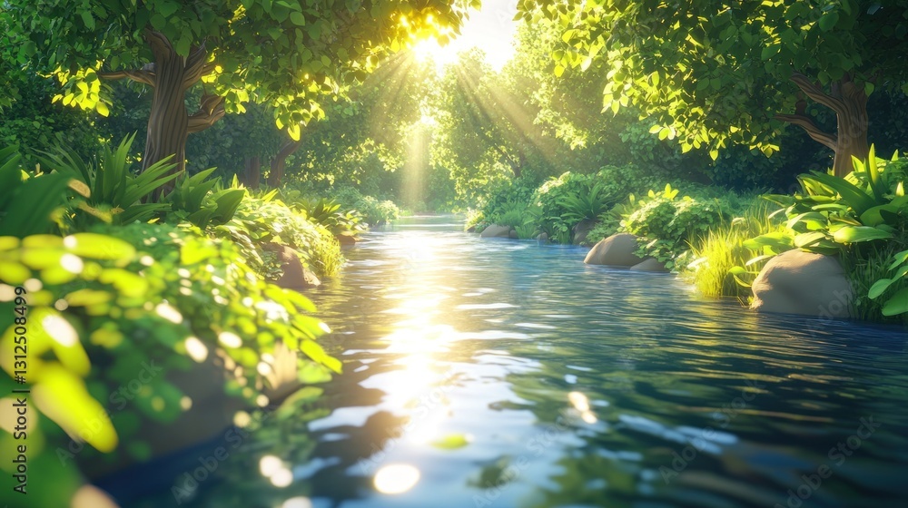 Obraz premium A sunlit river flows through a lush green and vibrant forest scene