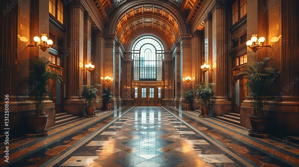 Obraz premium A majestic grand hallway with ornate columns large arched windows and elegant lighting reflects classic architecture