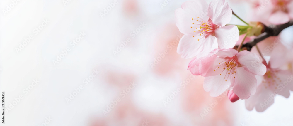 Fototapeta premium Delicate pink cherry blossoms in full bloom on branch with soft focus background