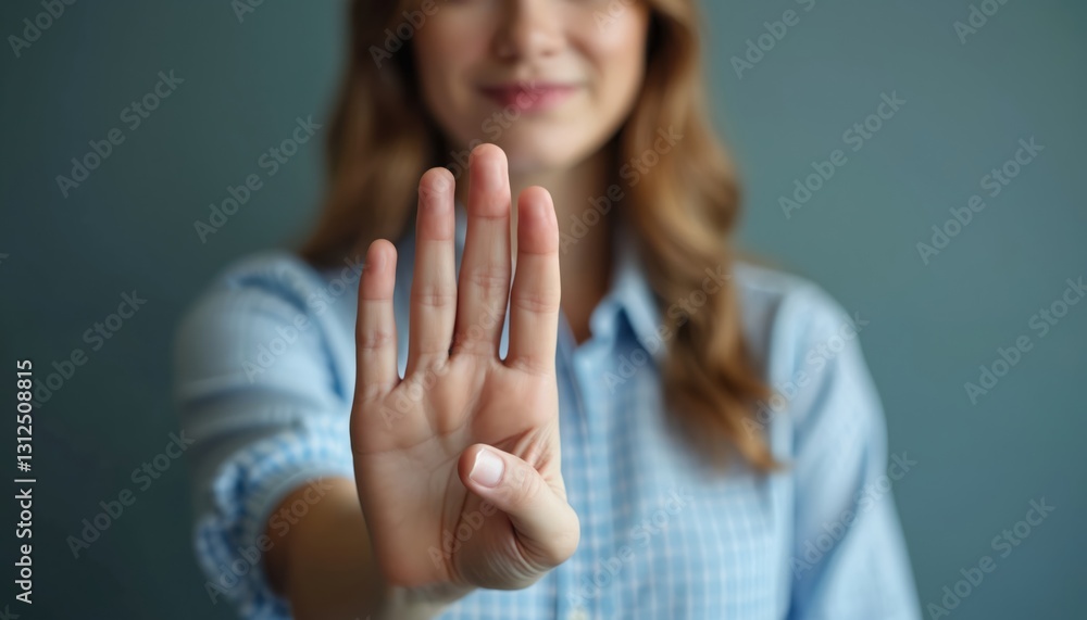 Woman shows stop gesture with her hand. Concept of protection against workplace harassment and violence. Prevention of abuse. Female business professional asks to stop, say no. Woman shows stop gesture with her hand. Concept of protection against workplace harassment and violence. Prevention of abuse. Female business professional asks to stop, say no.