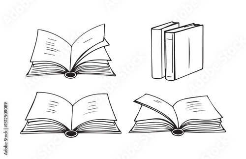 Hand-drawn books illustration, black and white, educational and literary theme with copy space