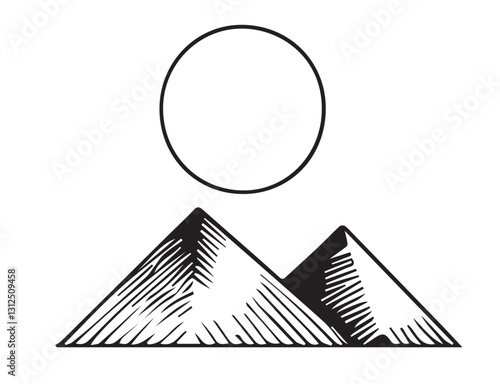 Mountain and sun illustration in black and white, minimalist design, nature and tranquility theme