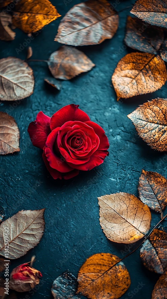 Fototapeta premium Autumn Red Rose Dark Background.