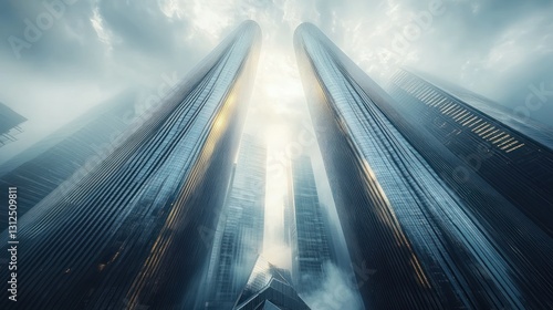 Urban skyscrapers piercing a cloudy sky