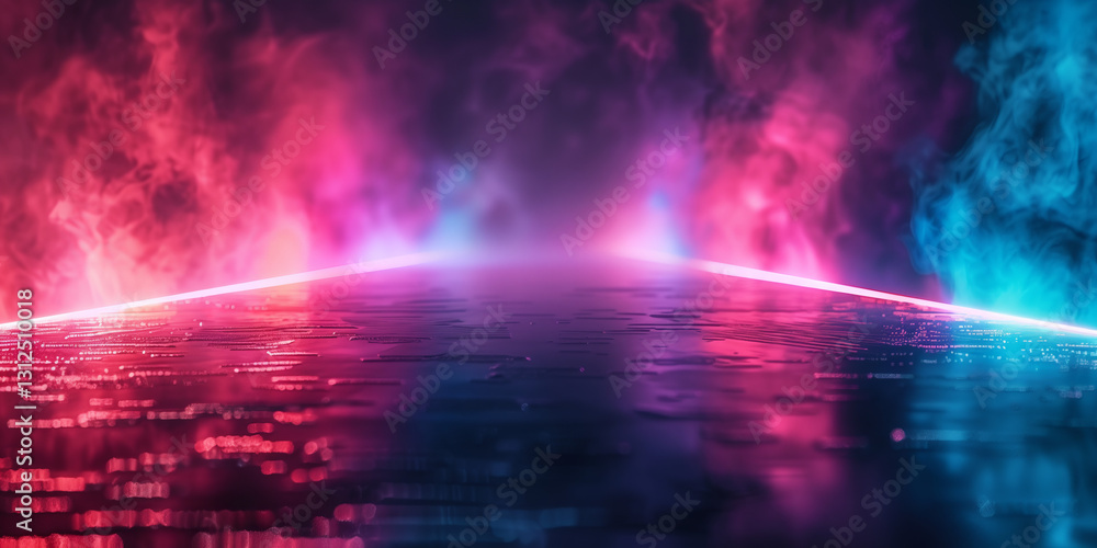 Abstract Neon Light Reflecting on Wet Surface with Red and Blue Smoke Overlayed on a Dark Futuristic Background Creates an Energy and Vibrant Ambiance Abstract Neon Light Reflecting on Wet Surface with Red and Blue Smoke Overlayed on a Dark Futuristic Background Creates an Energy and Vibrant Ambiance