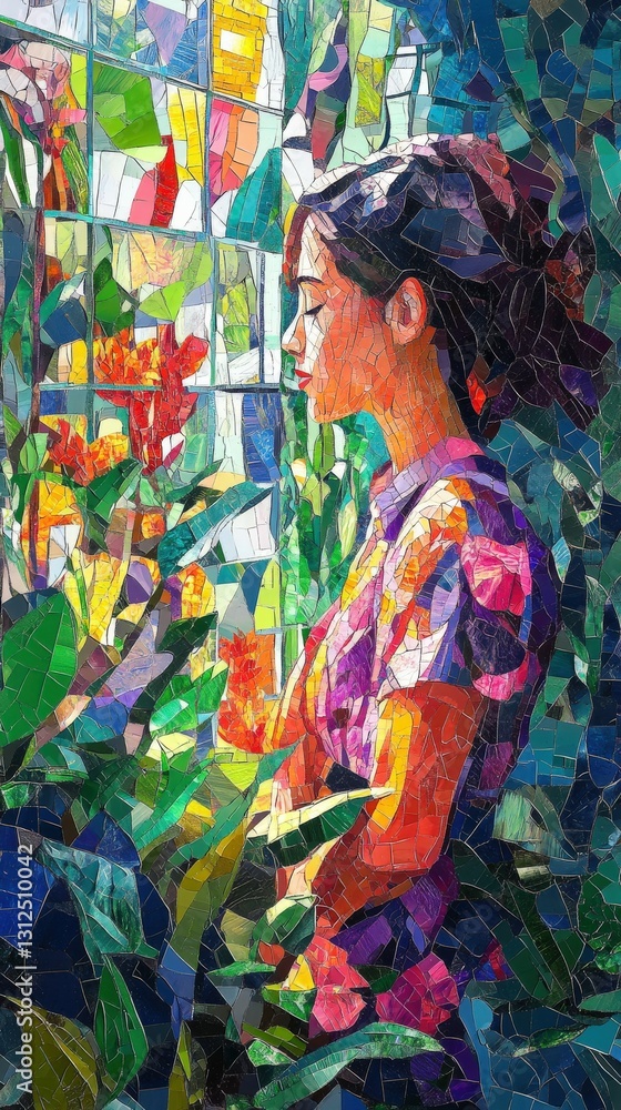 Fototapeta premium Young woman admiring colorful flowers while standing by a sunlit window in a lush garden setting