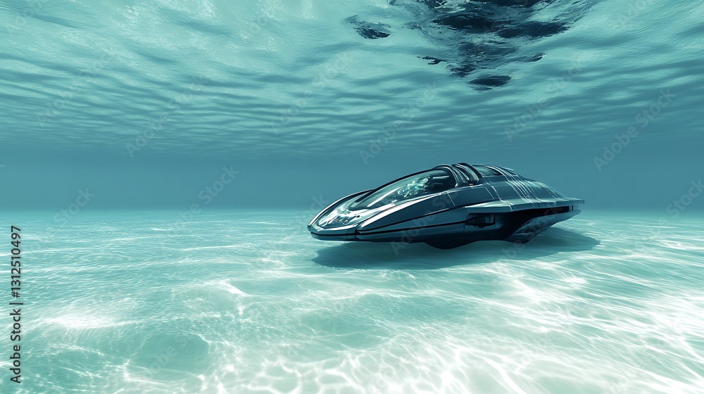Naklejka premium A futuristic underwater transport vehicle traveling through a clear ocean