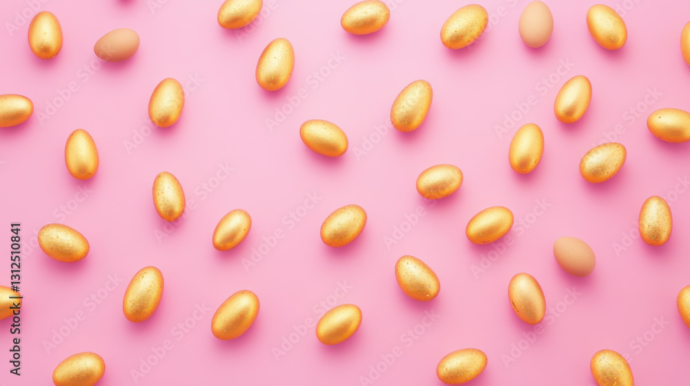 Golden eggs scattered on pastel pink background, creating festive Easter theme. arrangement is playful and vibrant, perfect for spring celebrations Golden eggs scattered on pastel pink background, creating festive Easter theme. arrangement is playful and vibrant, perfect for spring celebrations