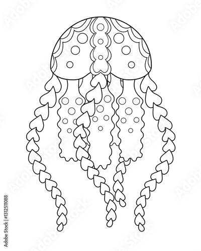 Jellyfish - marine invertebrate animal - vector linear picture for coloring. Linear jellyfish for coloring antistress - an inhabitant of the underwater world. Big jellyfish with long tentacles. Outlin