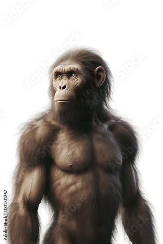 Australopithecus early human ancestor with blue eyes standing on white background representing human evolution prehistoric hominid paleoart scientific illustration anthropology