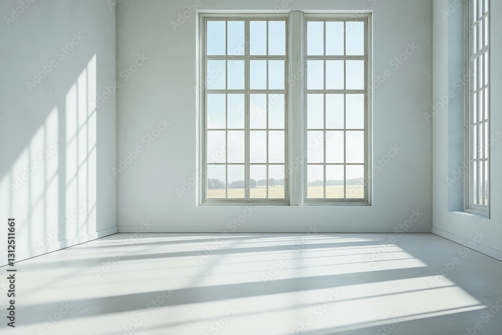 Obraz premium Large windows fill the bright room with natural light, creating soft shadows on the floor and offering a serene view of the outdoor landscape