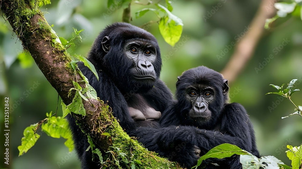 Two Mountain Gorillas Resting on a Mossy Tree Branch in Lush Green Rainforest Two Mountain Gorillas Resting on a Mossy Tree Branch in Lush Green Rainforest