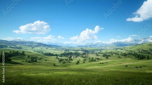 Wallpaper Mural Sunny Day in a Green Valley with Mountains and Grazing Cattle Torontodigital.ca