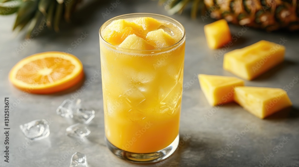 Refreshing Tropical Fruit Drink with Ice and Pineapple Garnish on Rustic Background Refreshing Tropical Fruit Drink with Ice and Pineapple Garnish on Rustic Background