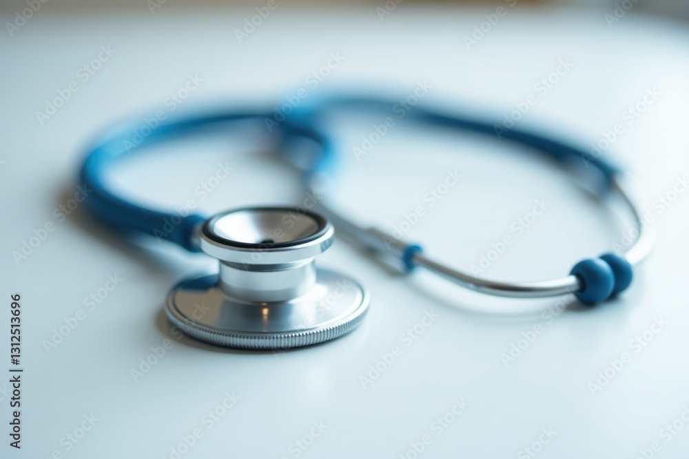Close-up of stethoscope on immaculate white surface, health equipment, medical image Close-up of stethoscope on immaculate white surface, health equipment, medical image