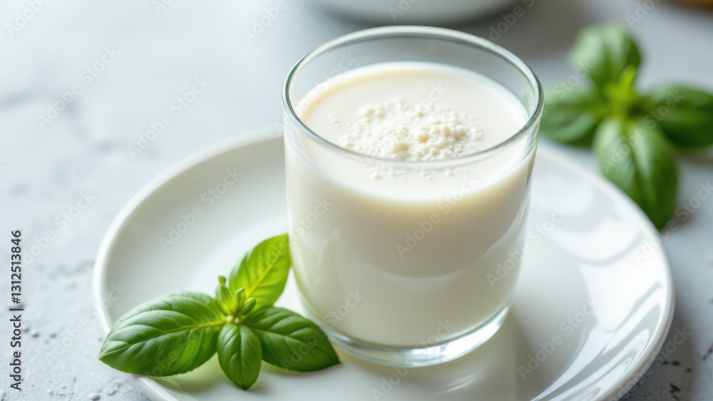 Glass of milk with a frothy top on a white plate, garnished with mint leaves. Glass of milk with a frothy top on a white plate, garnished with mint leaves.