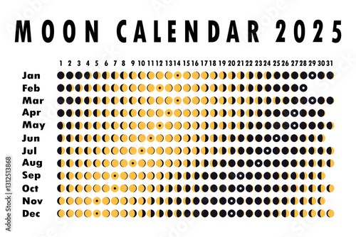 2025 Moon calendar. Astrological calendar design. planner. Place for stickers. Month cycle planner mockup. Isolated black and white background.