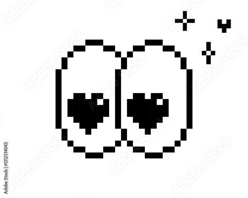 Y2k pixel smile heart-shaped eyes retro sticker. Eye pixel art icon. Emoji. Editable pixel vector black element. Game abstract element. Bold and groovy geometric shape for collage, poster. Mood of 90s