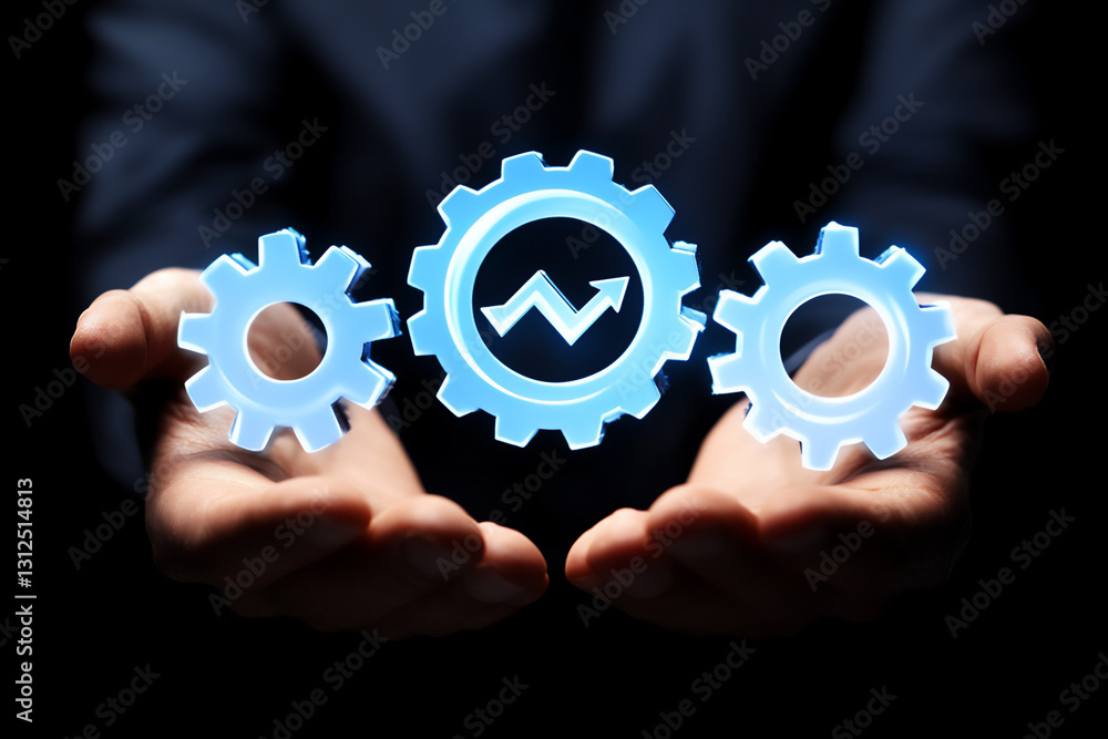 businessman holding gears and arrows icon with stock market graph on virtu businessman holding gears and arrows icon with stock market graph on virtu
