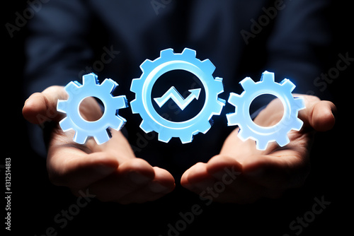 businessman holding gears and arrows icon with stock market graph on virtu