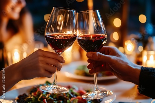 Wine Toast: A couple's hands raise crystal wine glasses in a celebratory toast during a romantic dinner, under the warm glow of soft lighting.