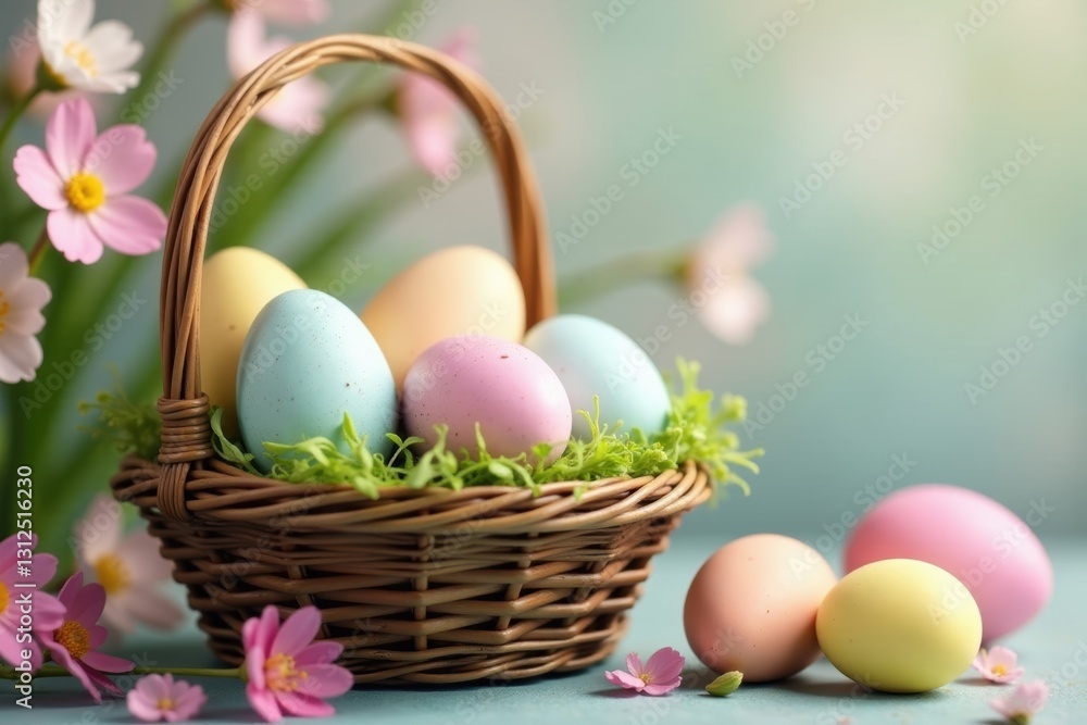 Pastel eggs in a basket, spring flowers nearby, christianity, background Pastel eggs in a basket, spring flowers nearby, christianity, background