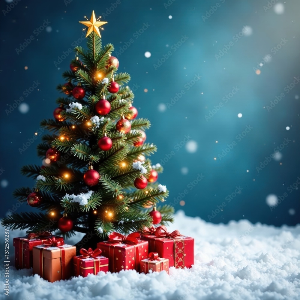 Ornate Christmas tree with presents, snow scene, evergreen, red Ornate Christmas tree with presents, snow scene, evergreen, red