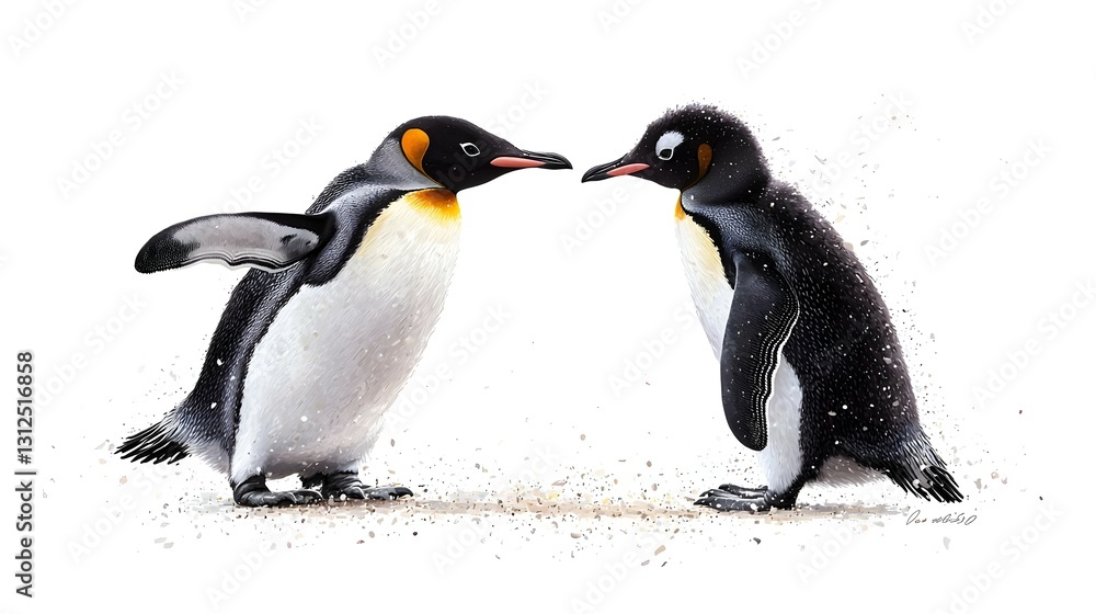 Obraz premium Two King Penguins Facing Each Other on White Background