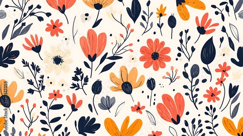 Colorful floral pattern.  Various flowers & leaves in orange, yellow, & dark tones on cream background. Seamless design