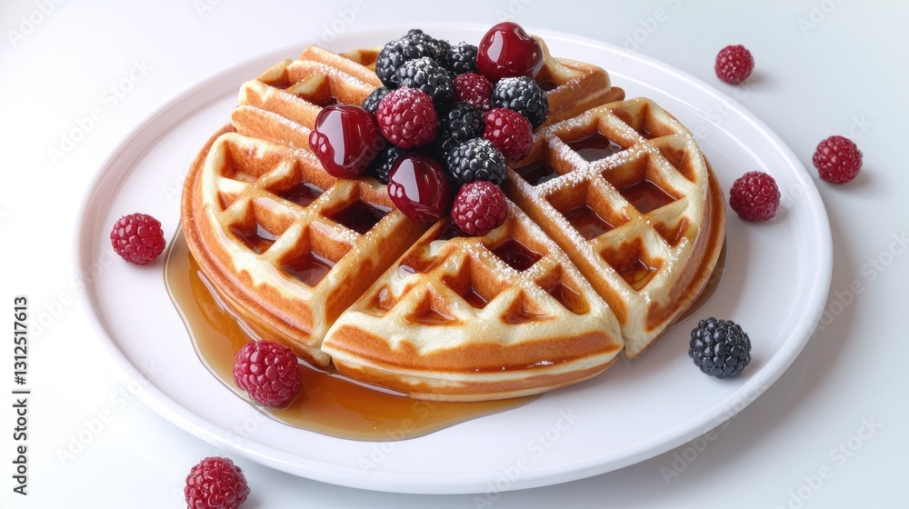 A delicious waffle topped with fresh berries and maple syrup A delicious waffle topped with fresh berries and maple syrup