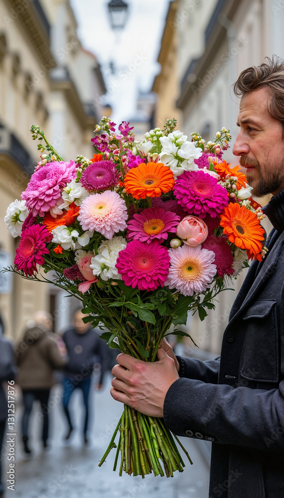Fototapeta premium Man Holding Bright Bouquet, City Street