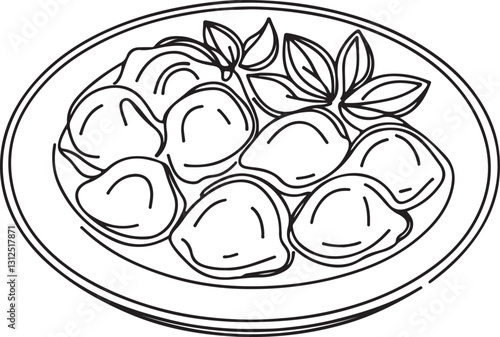 Line Drawing of Dumplings Served on a Plate - Vector Art