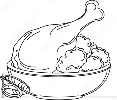 Fried Chicken on a Plate Line Drawing Vector Illustration