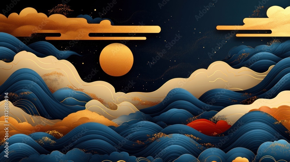 Fototapeta premium Serene Night: Golden Waves and Celestial Moon