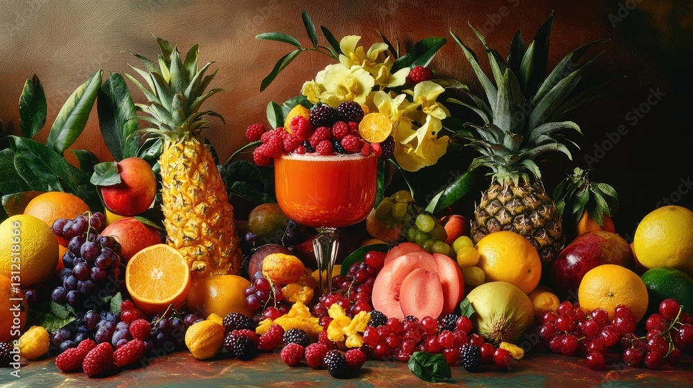 Vibrant Display of Fresh Fruits and Colorful Tropical Arrangement for Summer Enjoyment Vibrant Display of Fresh Fruits and Colorful Tropical Arrangement for Summer Enjoyment