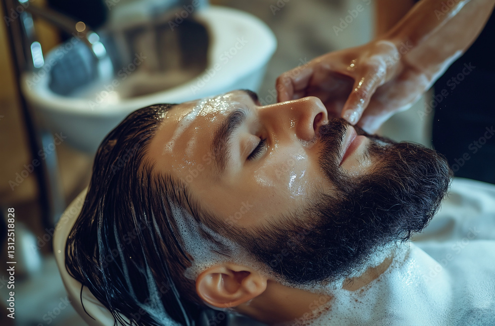 Fototapeta premium hairdresser cutting hair of man, hairdresser at work, young man shaving, barber makes a hair of a client, young man shaving, young man having a massage