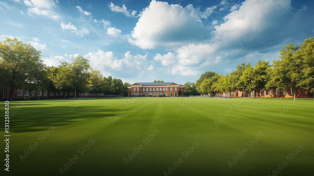 Naklejka premium University Campus Cricket Field with Lush Green Grass, Perfect for Sports Events, Featuring Open Space for Text or Visual Enhancements