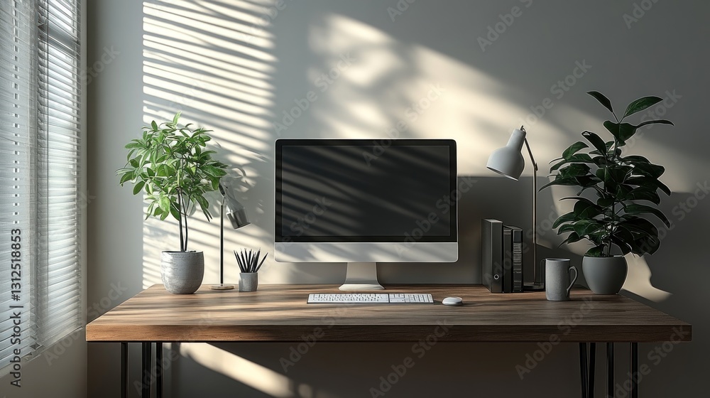A minimalist home office workspace with natural sunlight and decor A minimalist home office workspace with natural sunlight and decor