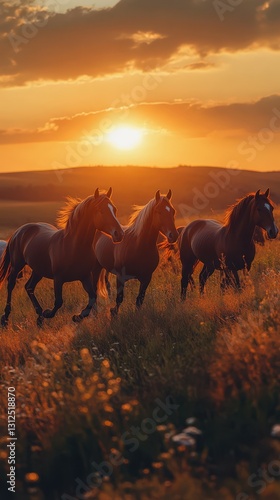 Majestic horses trotting through golden fields at sunset in a serene landscape photo