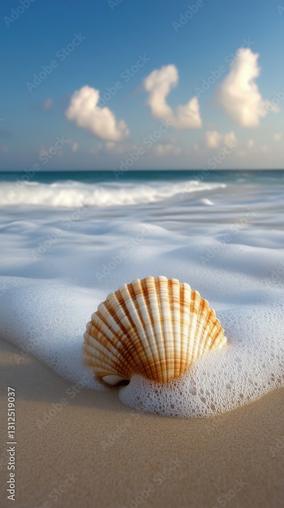 Beautiful shell resting on the tranquil shore with gentle waves lapping at the sand during a sunny day Beautiful shell resting on the tranquil shore with gentle waves lapping at the sand during a sunny day