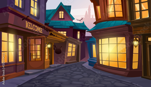 Cozy village at sunset with glowing windows. Cartoon vector illustration of old town medieval street with bar, stores in the evening. Empty old cilty streets with enchantment and mystery.