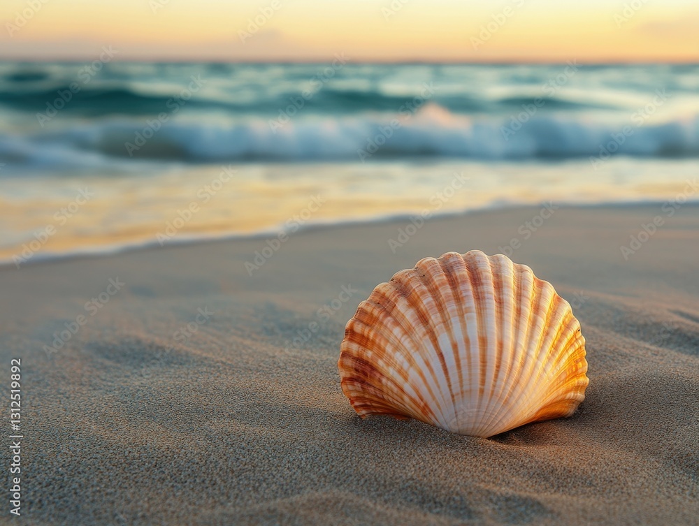 Seashell rests on sandy beach as waves gently crash in the evening light Seashell rests on sandy beach as waves gently crash in the evening light