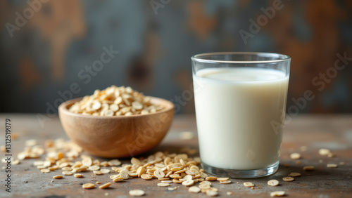 Glass of milk sitting on a wooden table with scattered cereal pieces around it.