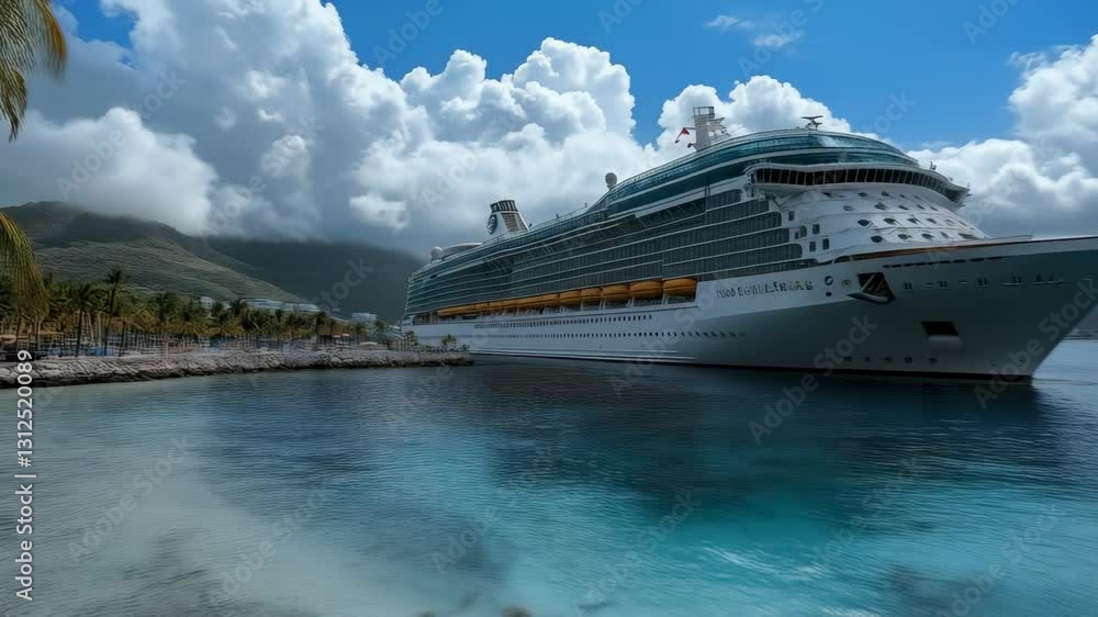 Cruise ship docked in calm waters under a cloudy sky with tropical foliage framing the view Cruise ship docked in calm waters under a cloudy sky with tropical foliage framing the view