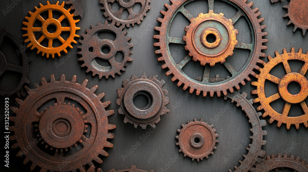 Rusty metal gears displaying engineering and mechanical craftsmanship Rusty metal gears displaying engineering and mechanical craftsmanship