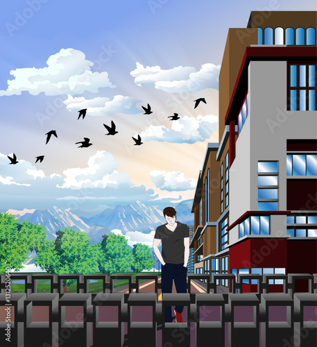 Man Relaxing Alone On the Bridge Illustrative Vector Design