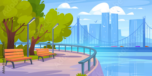 Relaxing waterfront park setting with benches, trees, and a city skyline in a vibrant cartoon style ideal for nature and urban life themes. Cartoon vector illustration with downtown city landscape