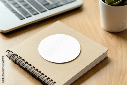 Elegant round sticker mockup displayed on a stylish notebook beside a laptop and succulent plant on a wooden desk