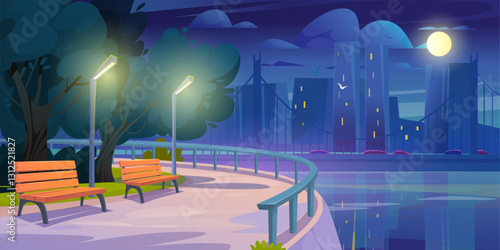 City park at night with benches, trees, street lamps and city skyline. Cartoon vector illustration for nature and urban life theme with distant buildings and peaceful atmosphere